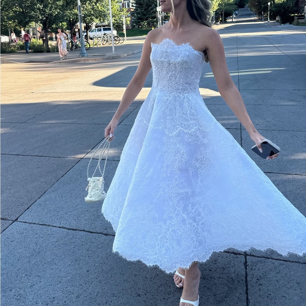 Bespoke White Lace Midi Dress with Scalloped Hem - Picture 6 of 7